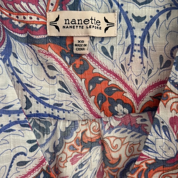 Nanette Lepore Blue & Pink Print, Flutter sleeve, V Neck, Button Down Top, XS - Picture 2 of 4